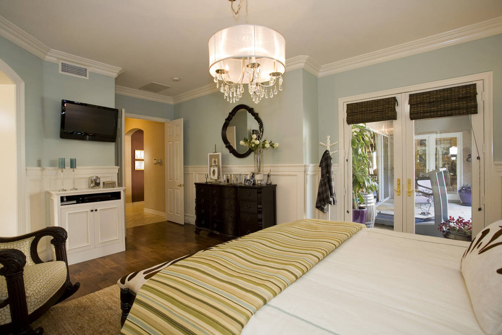Photo of a transitional bedroom in San Diego with blue walls.