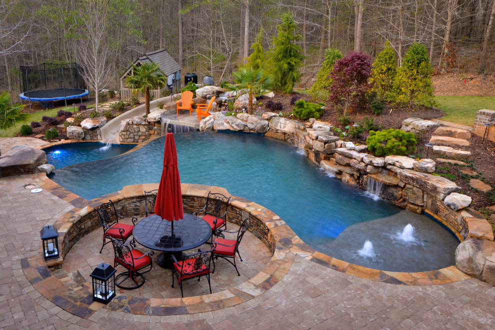 Imagen de piscina natural clásica grande a medida en patio trasero con paisajismo de piscina