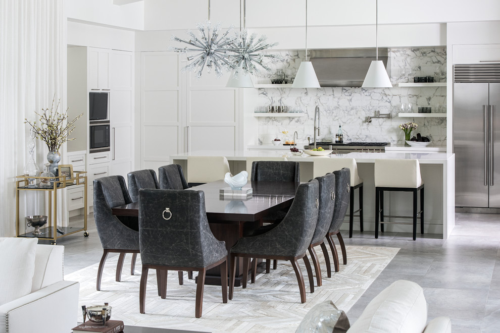 Design ideas for a large contemporary l-shaped eat-in kitchen in Orlando with a farmhouse sink, open cabinets, white cabinets, laminate benchtops, marble splashback, stainless steel appliances, ceramic floors and with island.