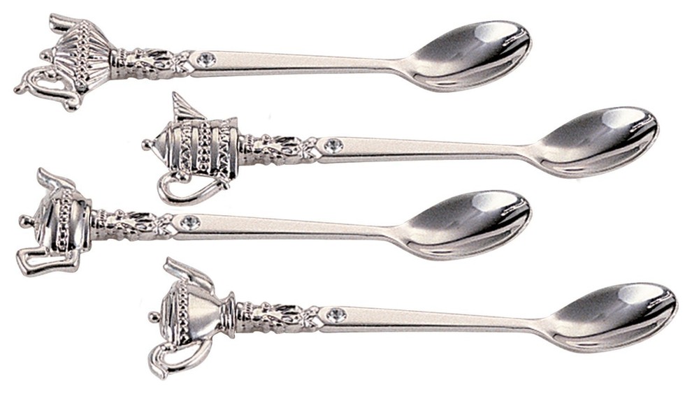 Elegance Silver Plated Teapot Spoons With Crystal, Set of 4
