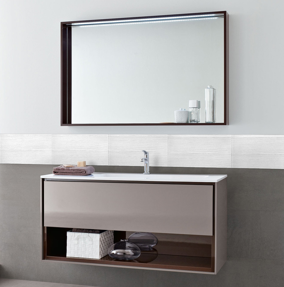 Photo of a large contemporary master bathroom in San Francisco with flat-panel cabinets, beige cabinets, glass benchtops, a wall-mount sink, white tile, glass tile and white walls.
