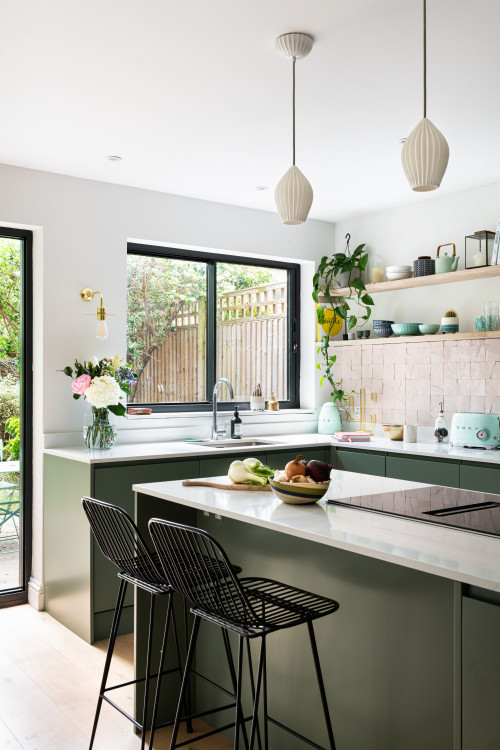 Eclectic Flair: Kitchen Sink Backsplash Inspirations with Pastel Pink Handmade Tiles