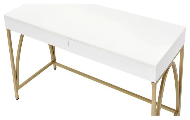 Acme Lightmane Desk In White High Gloss And Gold