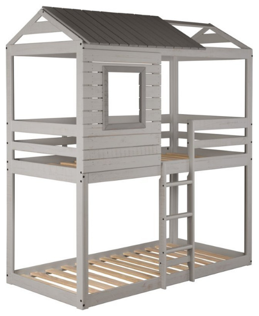 Donco Kids Deer Blind Twin Over Twin Solid Wood Bunk Bed in Rustic Gray