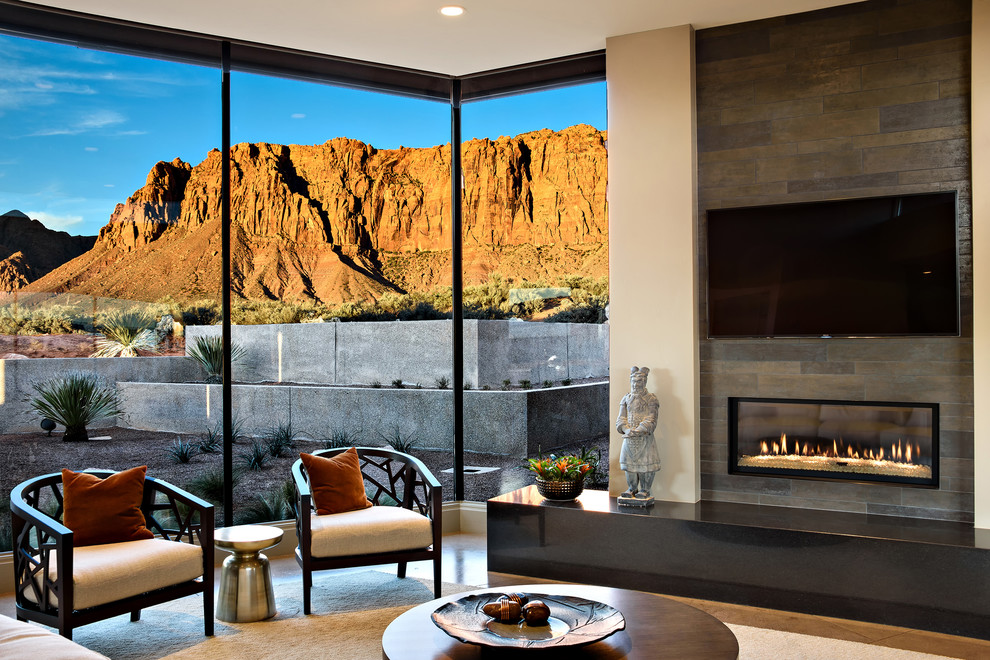 Photo of a mid-sized contemporary formal open concept living room in Salt Lake City with a ribbon fireplace, a stone fireplace surround and a wall-mounted tv.