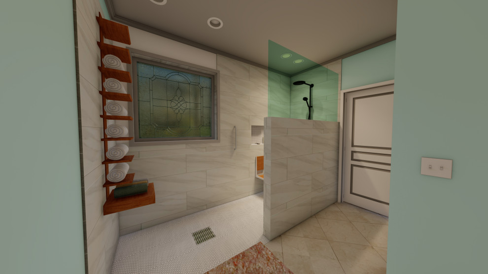 На фото: маленькая главная ванная комната в современном стиле с душем без бортиков, открытым душем и встроенной тумбой для на участке и в саду с