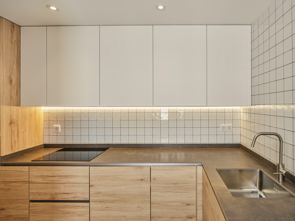 Design ideas for a small scandinavian single-wall separate kitchen in Other with a single-bowl sink, shaker cabinets, medium wood cabinets, quartz benchtops, white splashback, ceramic splashback, stainless steel appliances, porcelain floors, no island, grey floor and grey benchtop.