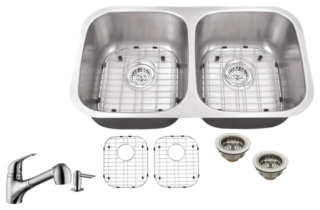 Double Bowl Kitchen Sink With Low Profile Pull Out Kitchen Faucet