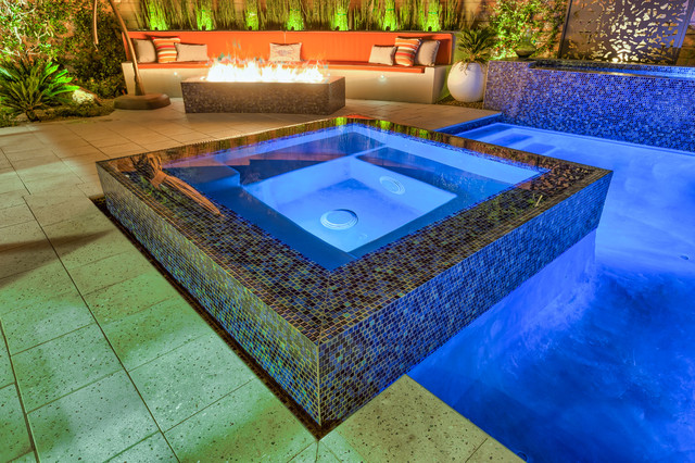 Contemporary Backyard Pool With Tiled Water Feature Rim Flow Spa