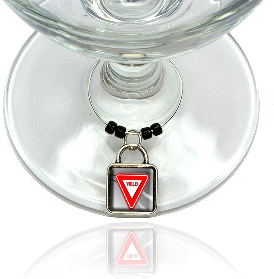 Yield Stylized Red Grey Triangular Sign Wine Glass Silver Charm