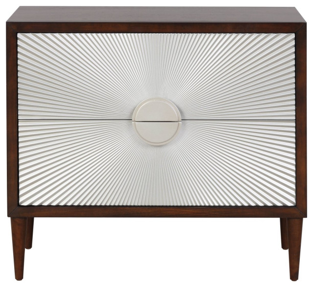Nightstand, 2 Self Closed Drawers With Sunburst Patterned Front, Silver ...