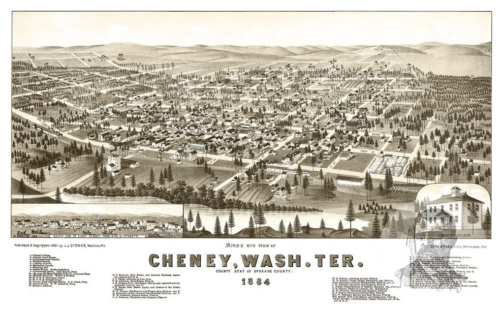 Old Map of Cheney Washington 1884, Vintage Map Art Print, 18"x24