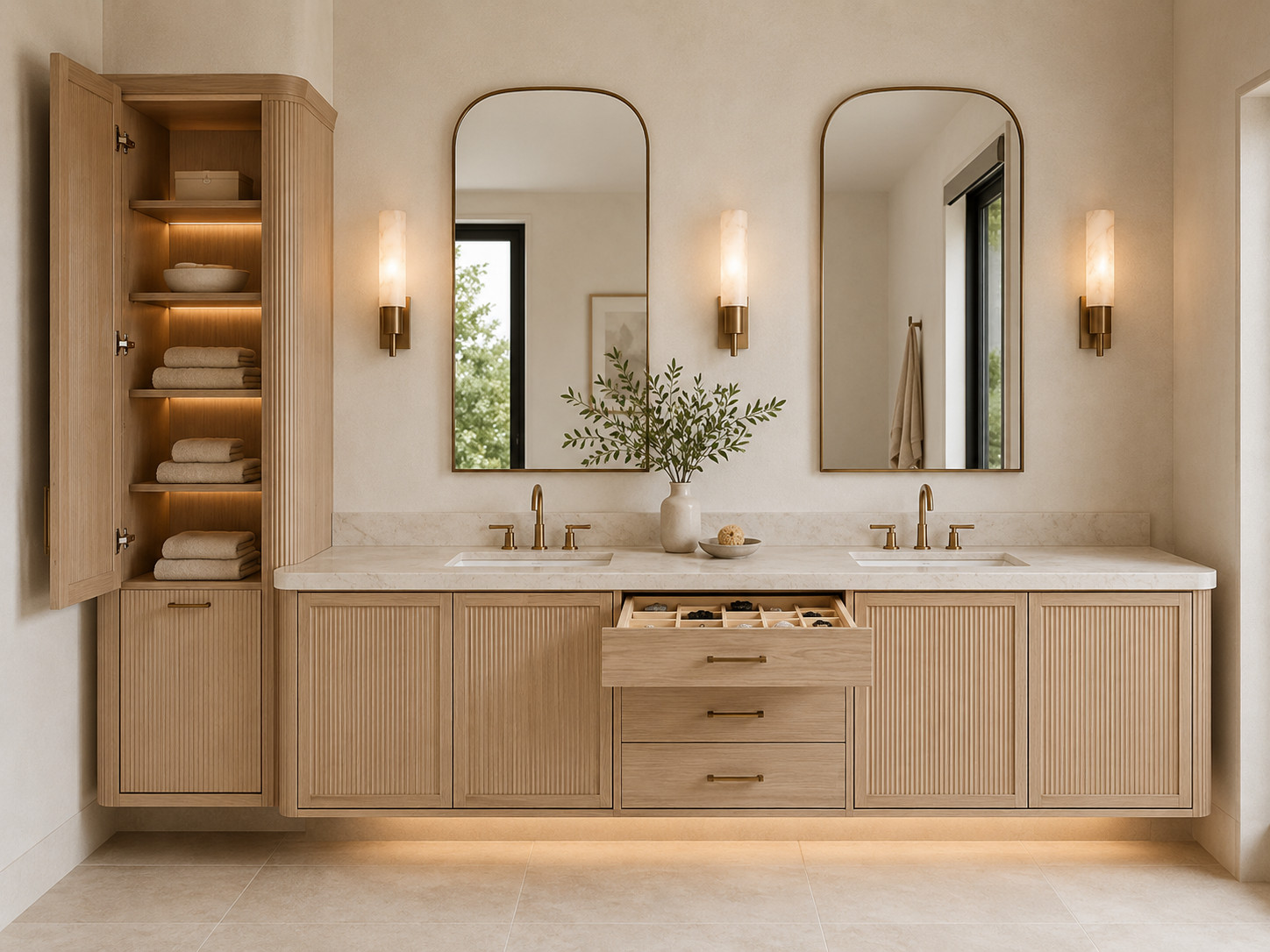Refined fluted oak double vanity
