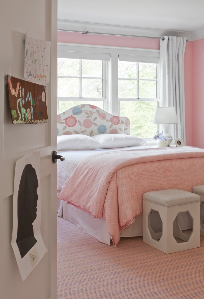 Traditional kids' room in Boston with pink walls and pink floor.