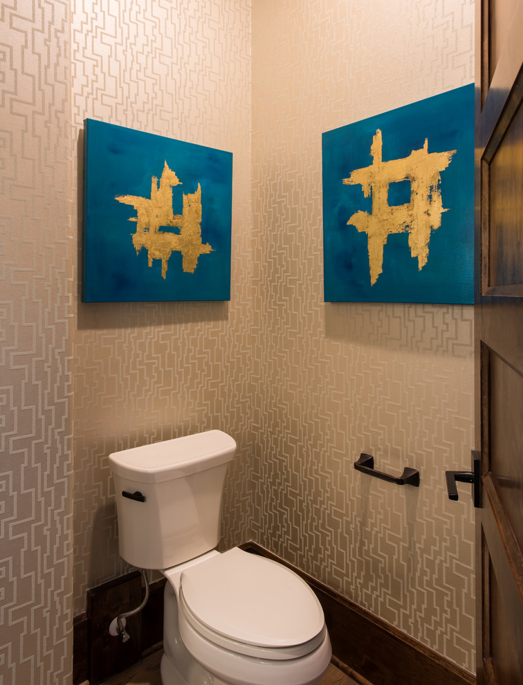 Design ideas for a mid-sized transitional powder room in Dallas with shaker cabinets, dark wood cabinets, a two-piece toilet, mosaic tile, beige walls and a vessel sink.