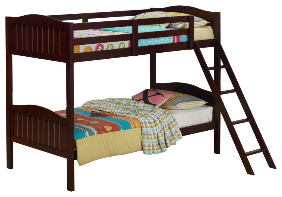 Mok Wood Twin Bunk Bed With Ladder and Guardrail, Farm Plank Style