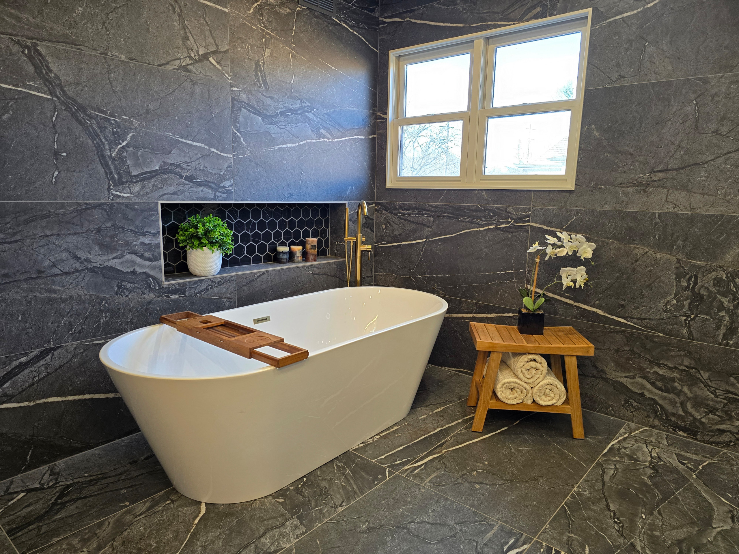 Main Bath full remodeling with custom vanity, freestanding tub & walk-in shower