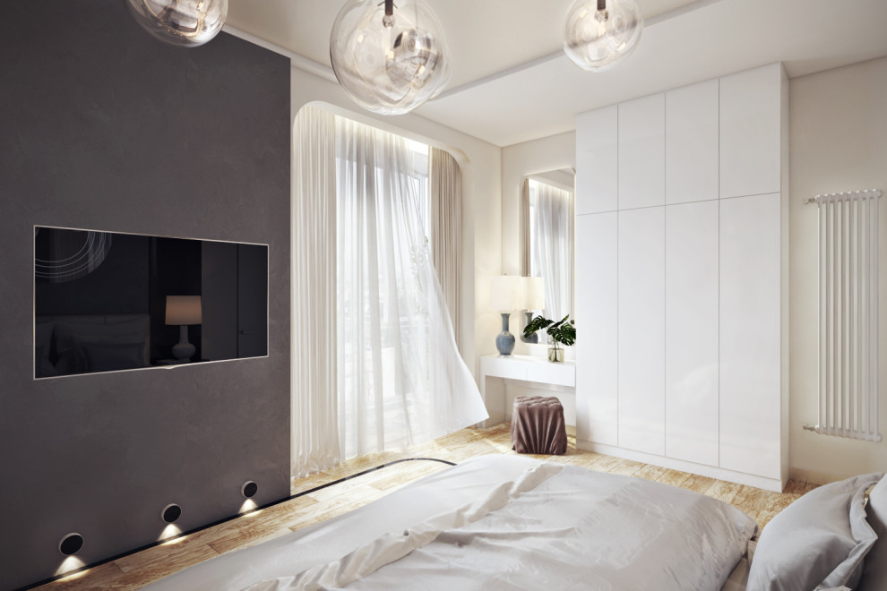 Дизайн спальни с мастер-санузлом в коттедже в современном авторском стиле