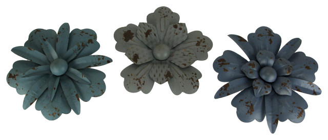 Vintage Blue and Grey Metal Wall Art Flower Decor Hanging Sculptures ...