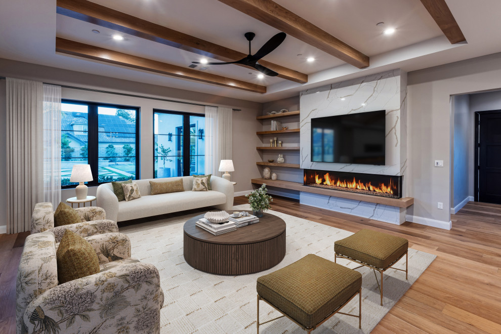 Linear Fireplace & Wood Beam Family Room | French Country Transitional Estate