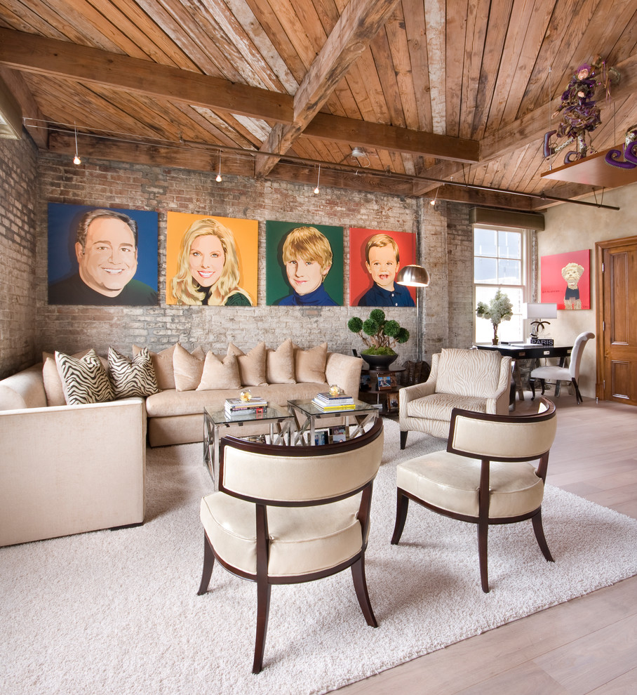 Family room - industrial light wood floor and beige floor family room idea in New Orleans