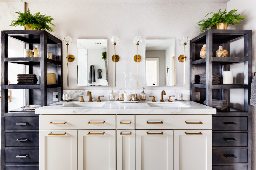 Design ideas for a large transitional master bathroom in Sacramento with shaker cabinets, grey walls, an undermount sink, marble benchtops, white benchtops, grey cabinets, a curbless shower, a one-piece toilet, white tile, stone slab, porcelain floors, grey floor and a hinged shower door.