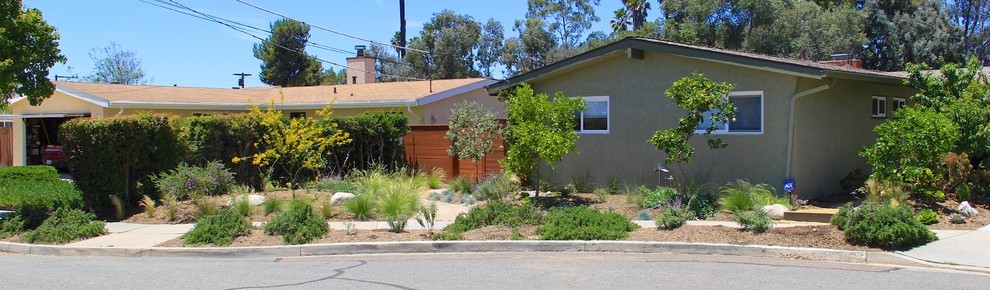 This is an example of a mid-sized contemporary front yard full sun xeriscape for spring in San Diego with a garden path and mulch.