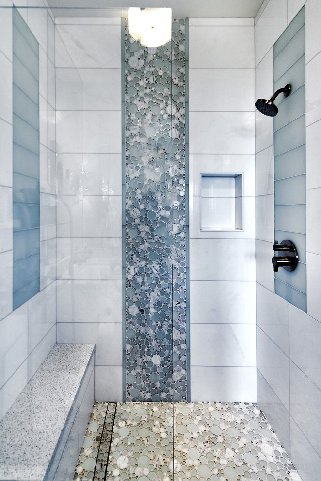 Inspiration for a small contemporary kids bathroom in San Francisco with an alcove shower, white tile, marble, a hinged shower door, mosaic tile floors and multi-coloured floor.