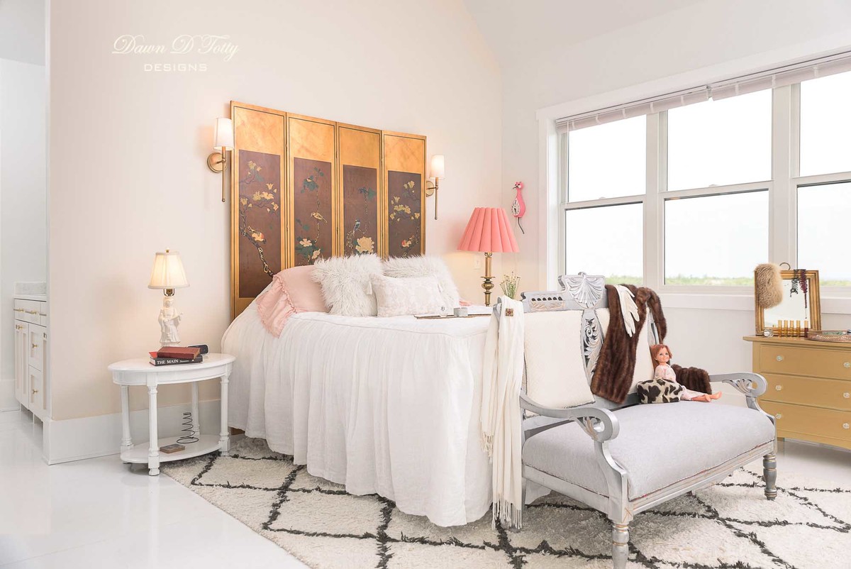 Inspiration for an expansive transitional master bedroom in Other with white walls, painted wood floors and white floor.