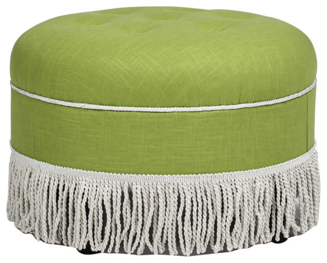 Yolanda 24" Upholstered Round Accent Ottoman, Bright Chartreuse Linen
