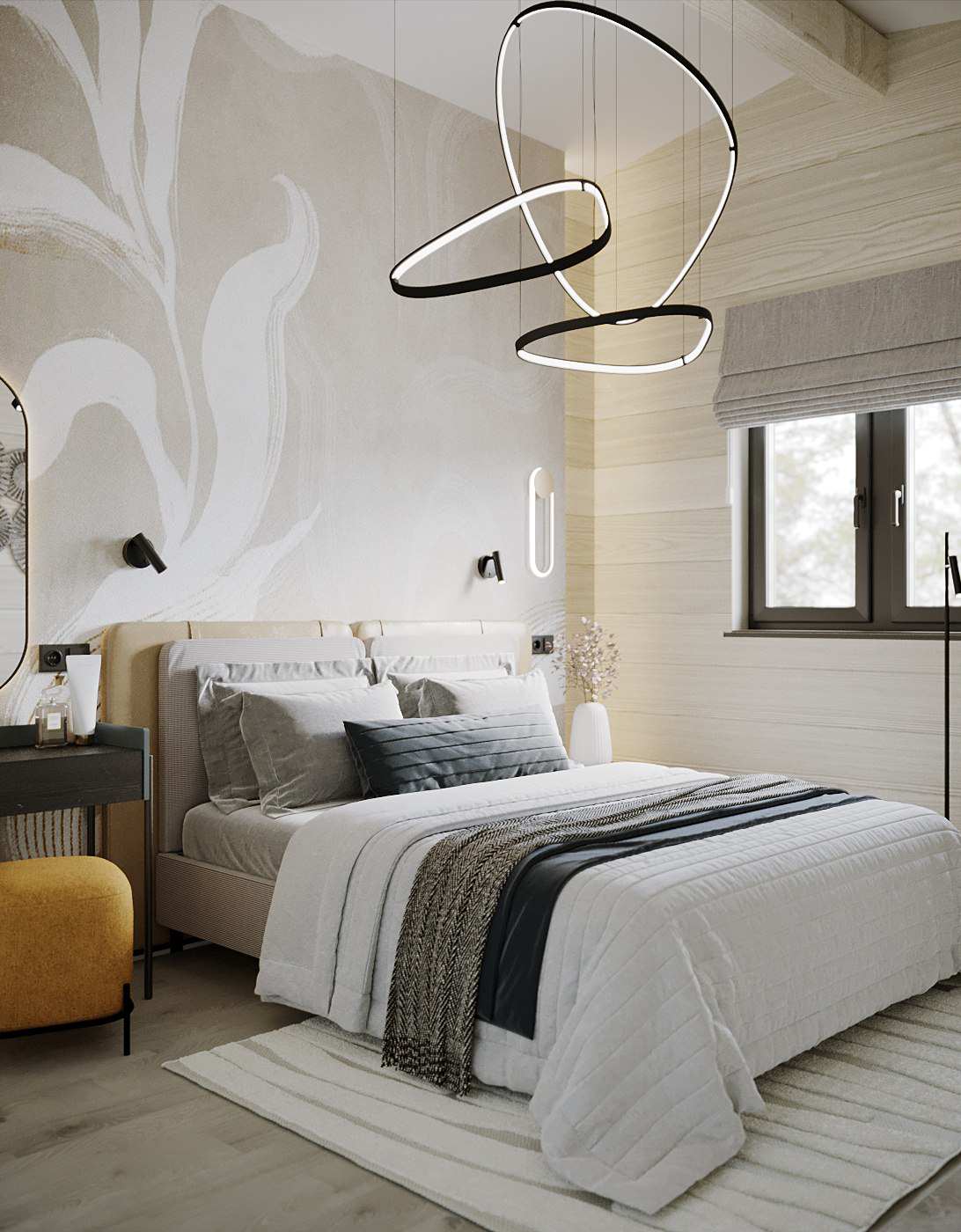 Стильный дизайн спальни в доме из бруса