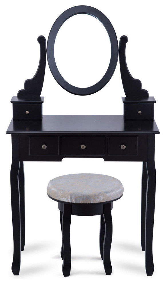 Costway Vanity Table Set Makeup Table Cushioned Stool Mirror 5 Drawers Black