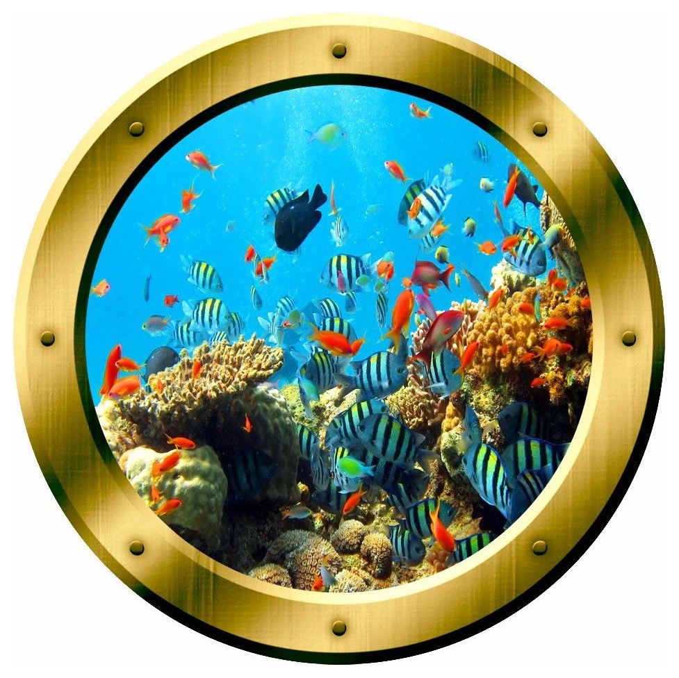 Coral Reef Wall Sticker Porthole Ocean School Of Fish Wall Decal Decor, 14" Diameter Beach