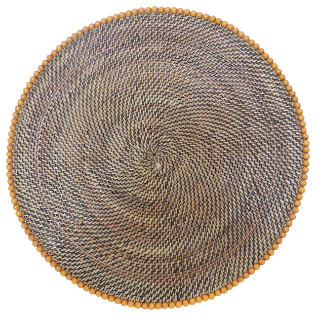 Round, Rattan Placemat with Black Beads Tropical Placemats by