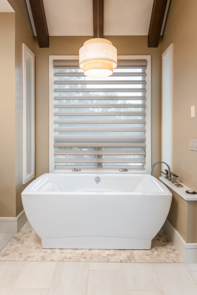 This is an example of a large midcentury master bathroom in Other with flat-panel cabinets, grey cabinets, a freestanding tub, an alcove shower, multi-coloured tile, beige walls, porcelain floors, a trough sink, quartzite benchtops, beige floor, a hinged shower door and white benchtops.