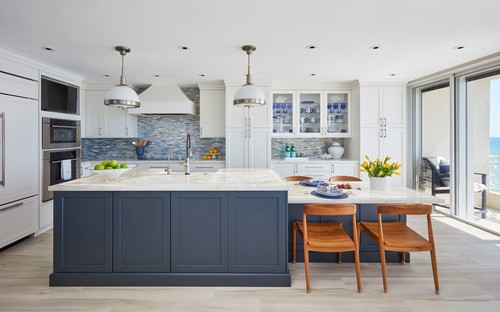 Dark blue Kitchen Cabinet Mississauga island with white countertops