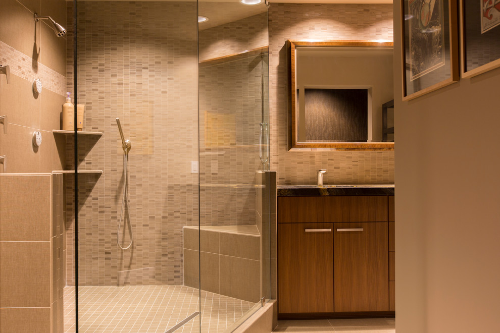 Large transitional master beige tile and porcelain tile porcelain tile and beige floor corner shower photo in Phoenix with flat-panel cabinets, medium tone wood cabinets, a hot tub, beige walls, an undermount sink, quartz countertops and a hinged shower door