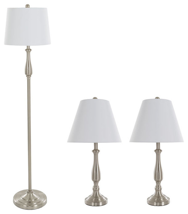 Table Lamps and Floor Lamp Set of 3, Traditional Brushed Steel (3 LED Bulbs included) by Lavish Home