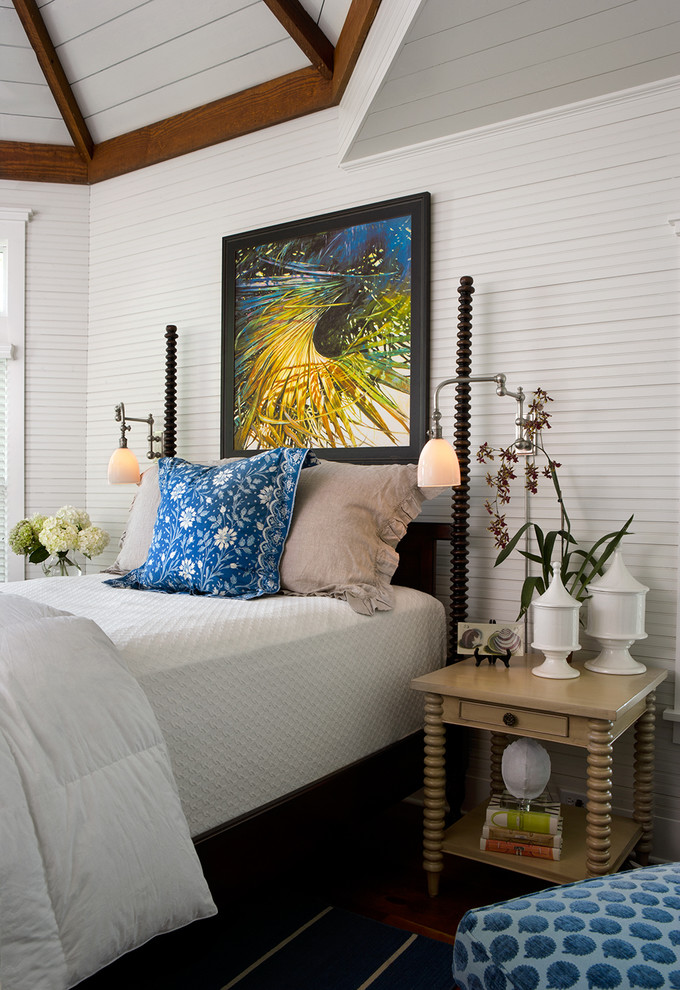 Inspiration for a beach style bedroom in Charleston with white walls.