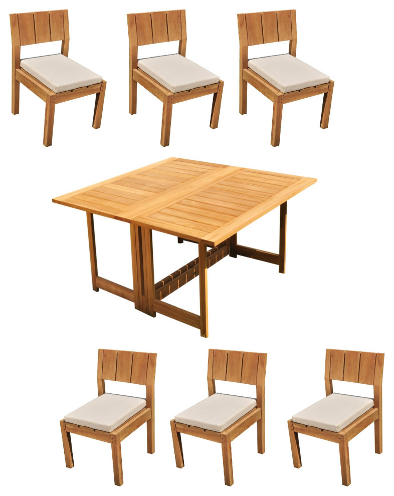 7Piece Outdoor Teak Dining Set 60" Sq Butterfly Table, 6 Vera Armless