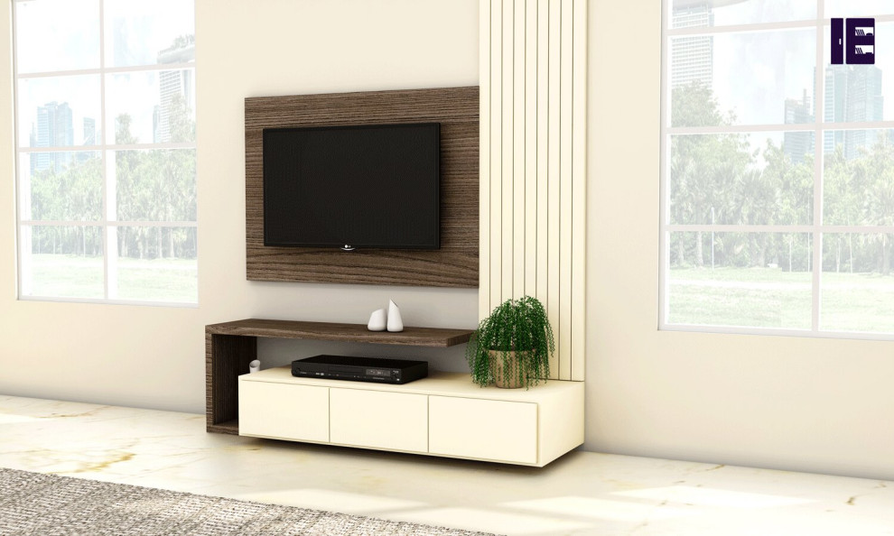 Inspiration for a small modern open plan home cinema in London with a built-in media unit.