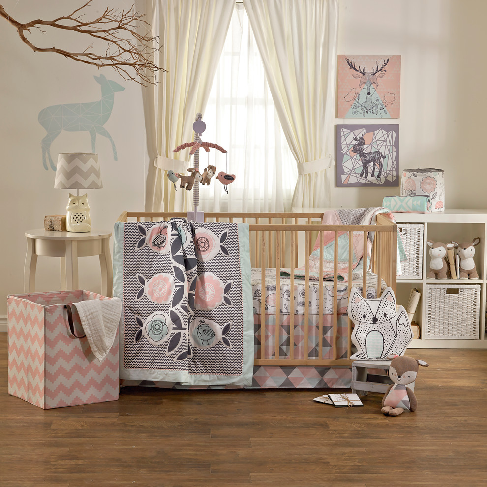 На фото: комната для малыша среднего размера в стиле шебби-шик с белыми стенами и полом из винила для девочки