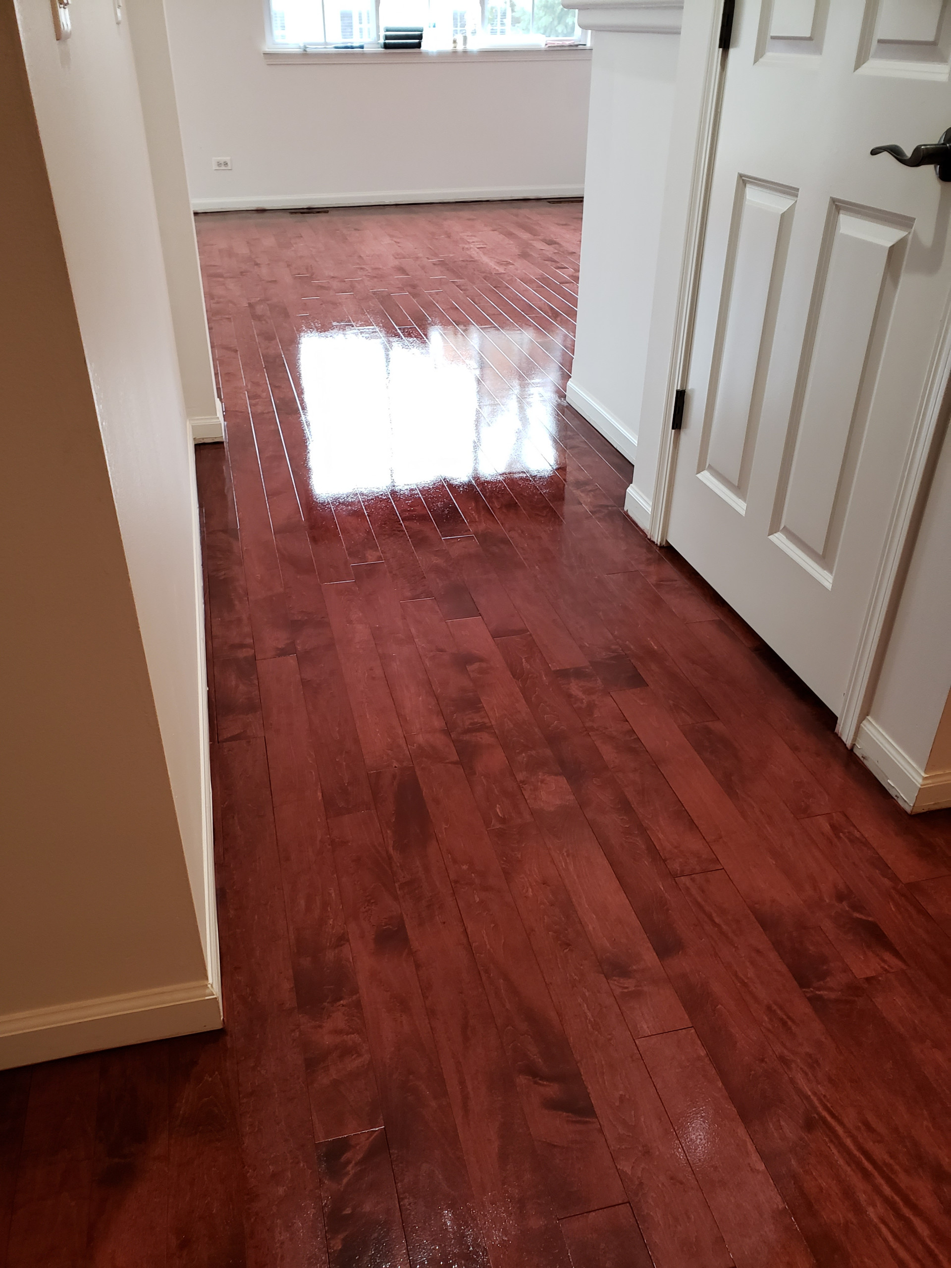 Aurora engineered floors refinished , custom stain , satin sweedish finish