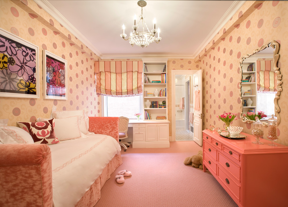 Design ideas for a traditional kids' bedroom for kids 4-10 years old and girls in New York with carpet and pink floor.