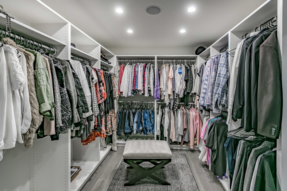 Design ideas for a mid-sized modern storage and wardrobe in Los Angeles with medium hardwood floors and grey floor.