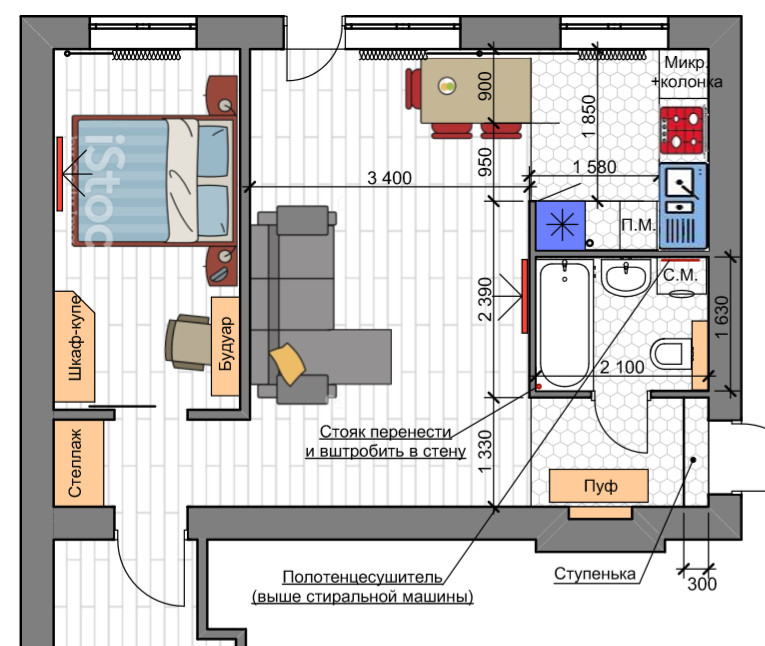 Светлая квартира для семиь из 3х человек. Визуализация гостинной и спальни.
