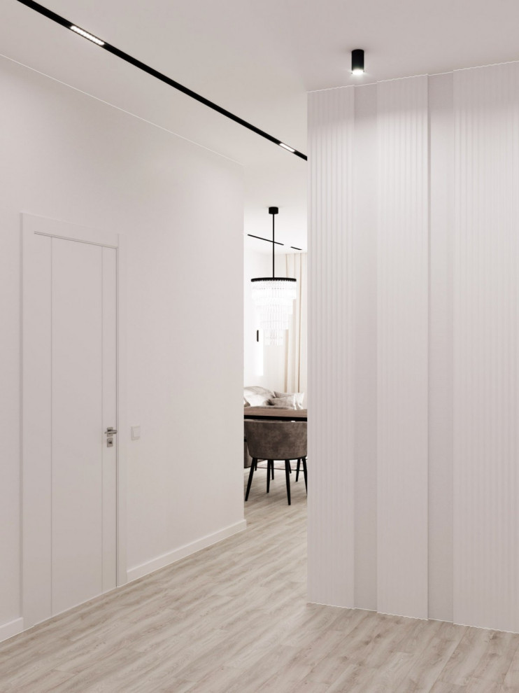 Пример оригинального дизайна: входная дверь среднего размера: освещение в современном стиле с белыми стенами, светлым паркетным полом, одностворчатой входной дверью, белой входной дверью, бежевым полом, любым потолком и любой отделкой стен