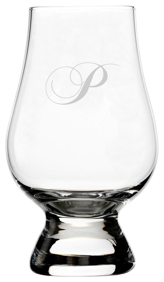 Chopin Script Etched Monogram Glencairn Crystal Whiskey Glass, Letter P