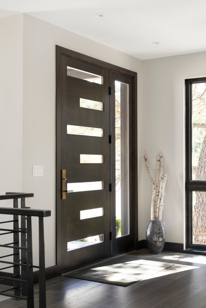 Imagen de entrada contemporánea con suelo de madera en tonos medios, puerta simple y puerta gris