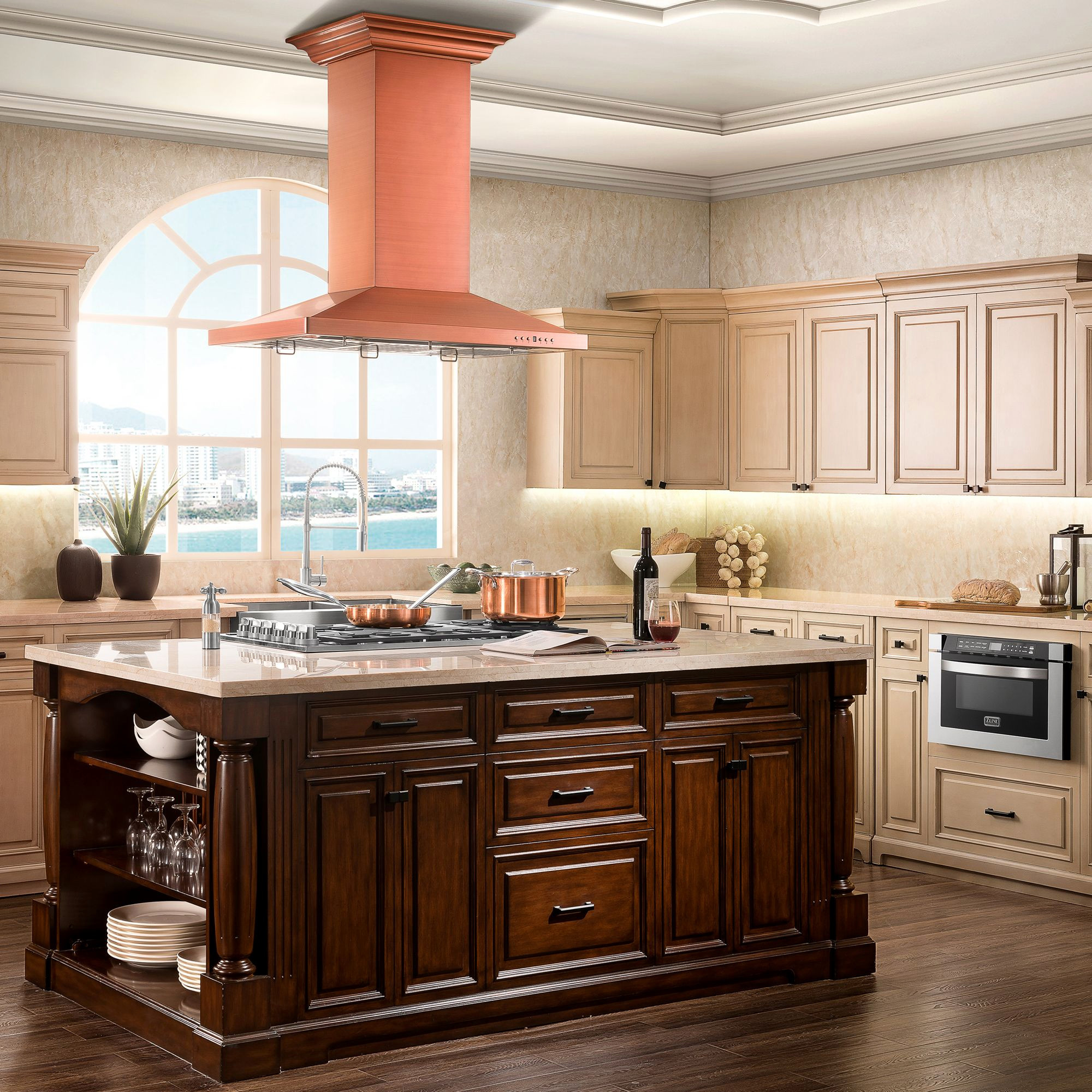 Kitchens featuring a ZLINE Copper Wall Range Hood